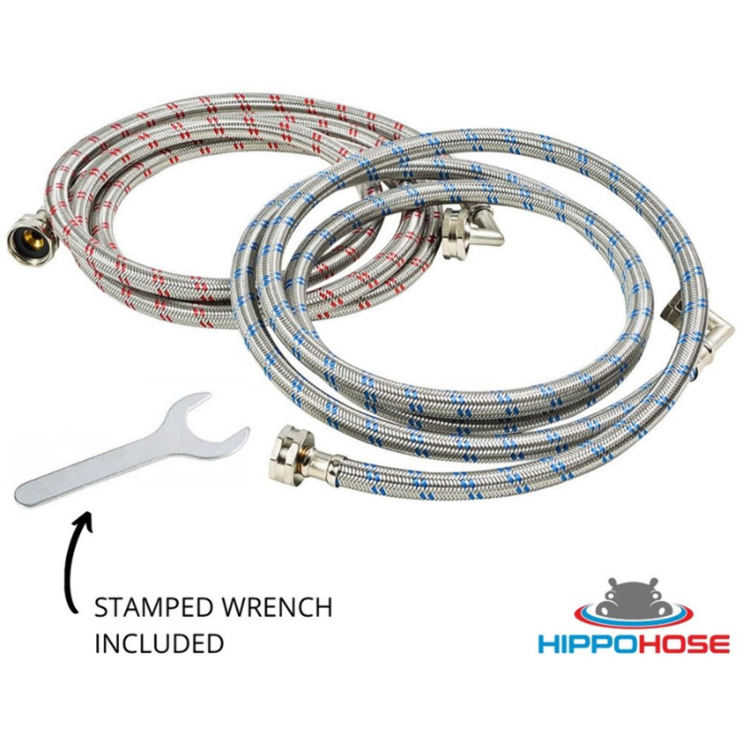 Washing Machine Hoses (4FT) - 90° Elbow - OCTAGON Connections for Secure Tightening - Universal Fit to All Wash Machines - (2 Pack) Braided Stainless Steel - Burst Proof Washer Water Supply Line