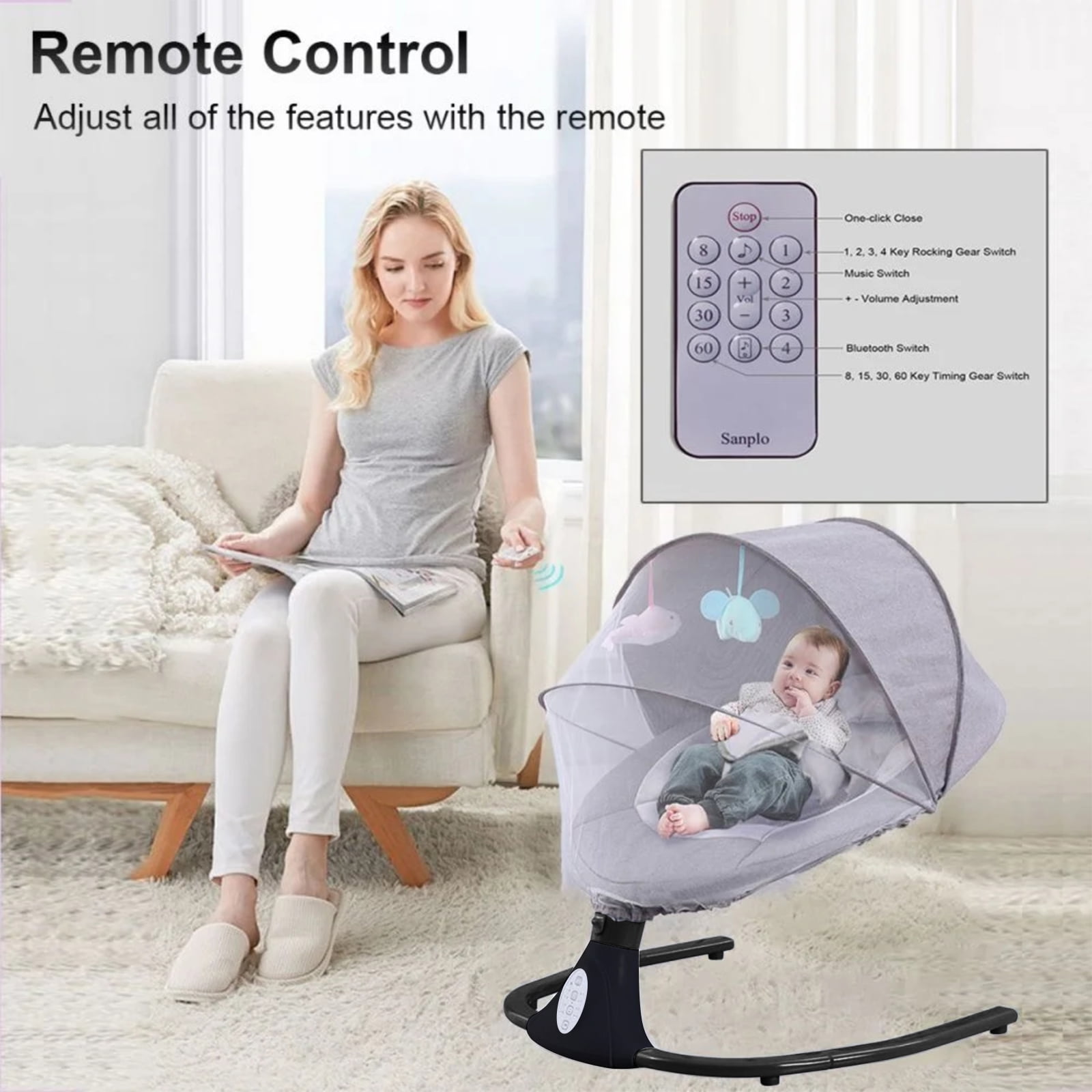 HAOUUCYIN Electric Baby Swing, bluetooth Music Infant Bouncer with 12 Lullabies for Boys Girls, Black&Gray