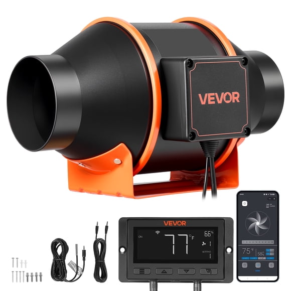 VEVOR Inline Duct Fan, 205 CFM 4 inch EC Motor Exhaust Ventilation Fan with 10-Speed, PWM Controller, App Control, Temperature Humidity Sensor, Cooling for Grow Tent