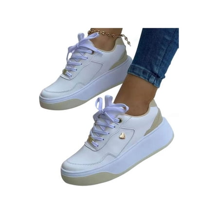 

Crocowalk Ladies Trainers Lace Up Walking Shoe Sport Sneakers Women Flats Running Non-Slip Platform White Apricot 7.5