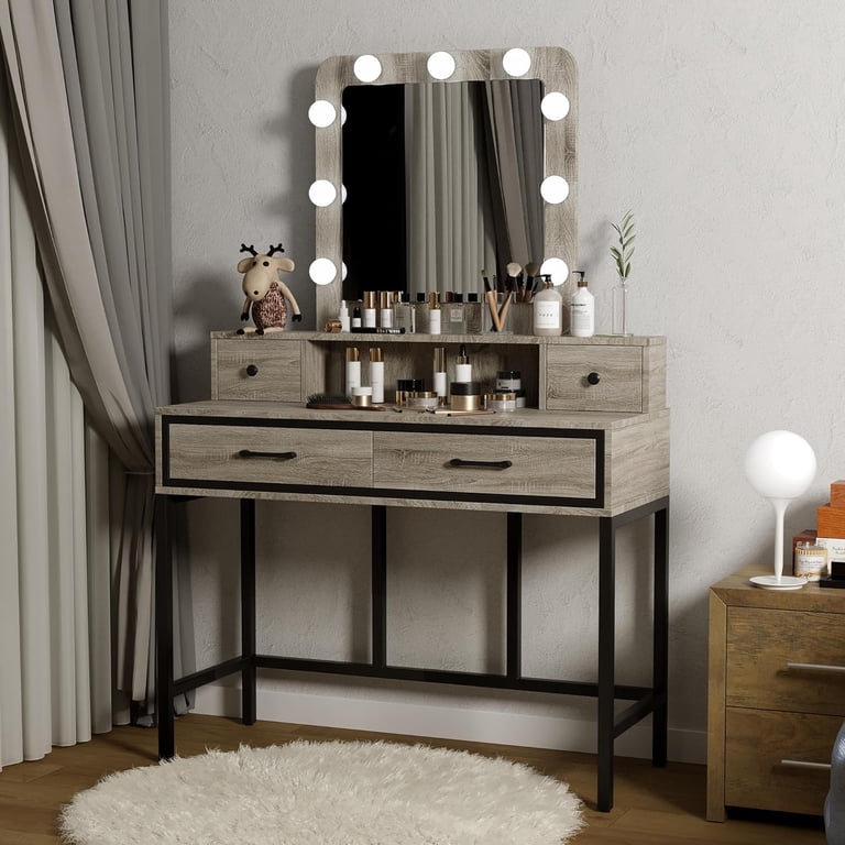 CozyHom LED Vanity Desk, 40" Dressing Table, 4 Drawers, 3 Lighting Modes,  10 Brightness, Metal Frame, Light Gray - Walmart.com
