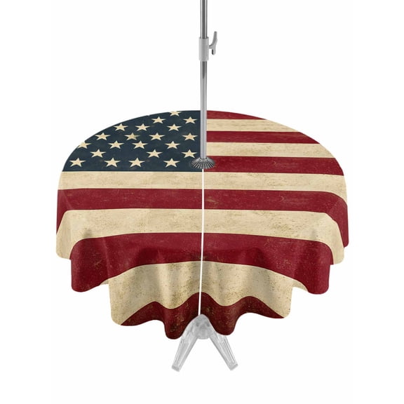 Outdoor Tablecloth with Umbrella Hole and Zipper, American Flag Waterproof Patio Tablecloth for Dining Round 54'', Vintage Red BlueUSA Flag Wipeable Table Cover for Picnic BBQ Party Patio