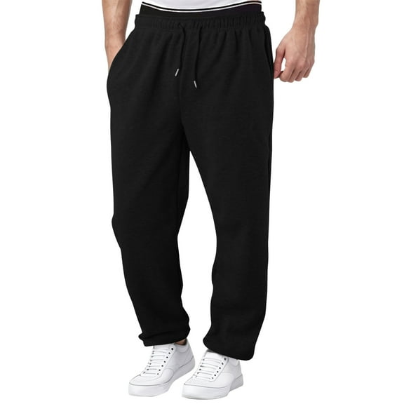 Mens Fleece Lined Sweatpants Wide Straight Leg Pants Bottom Sweatpants Joggers Pants Workout High Waisted Yoga Pants With Pockets Black-L