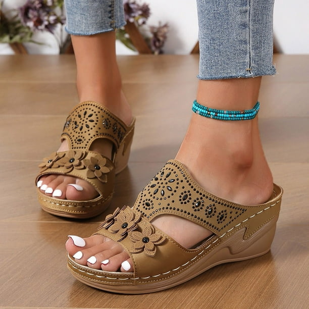 TOWED22 Womens Sandals Flip Flops for Women with Arch Support Cushion  Summer Casual Rhinestone Wedge sandal Shoes(Brown,8)