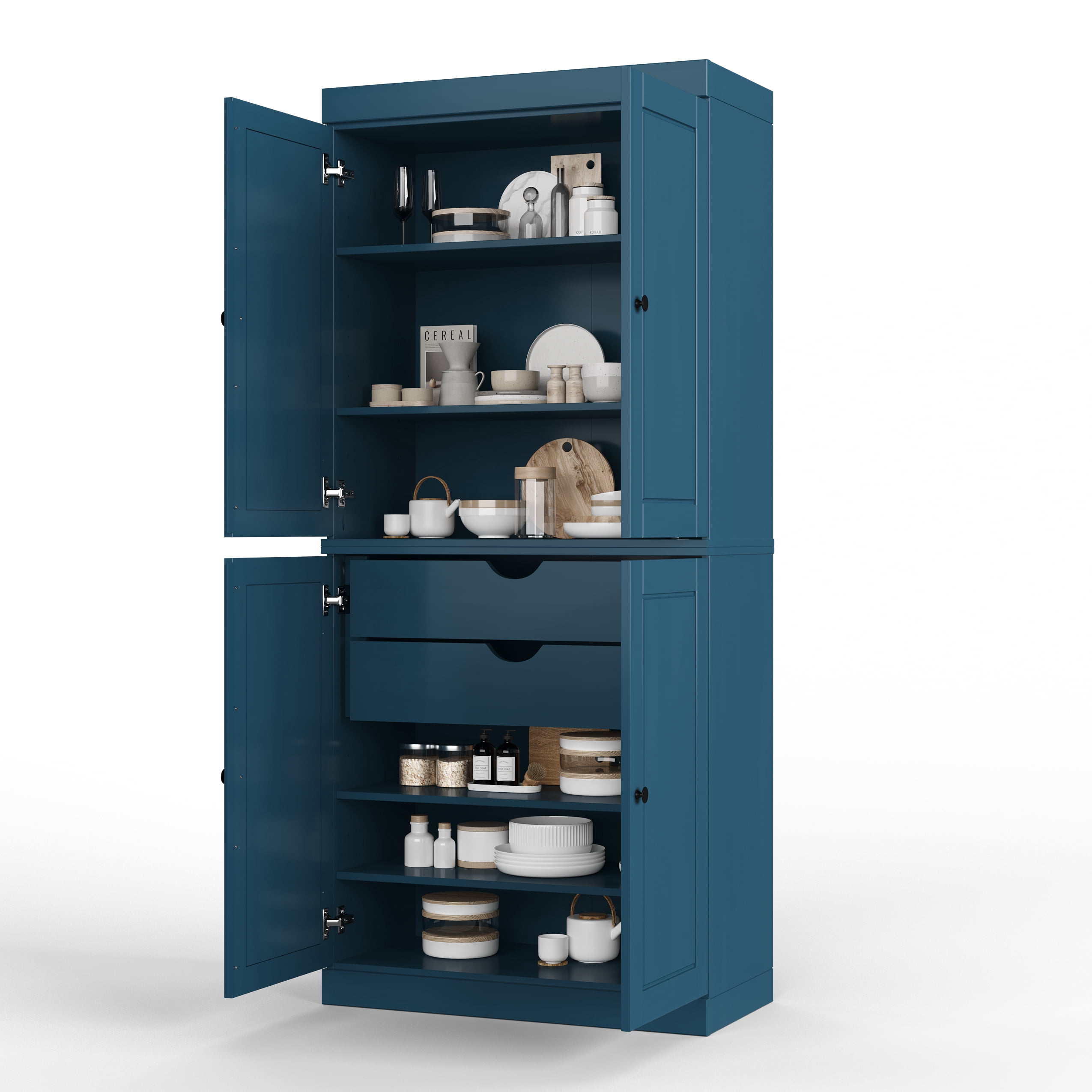 Palace Imports 100% Solid Wood Kitchen Pantry Storage Cabinet with Doors, Adjustable Shelves and 2-Drawers, Teal Blue
