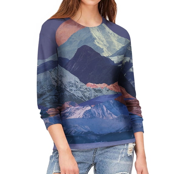 TWZH Women Landscape Graphic 3D Print Crew Neck Long Sleeves Top
