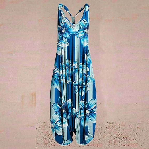 Tejiojio Active Women's Summer Clearance Women Fashion Funny Casual Vintage Print Backless V-Neck Sleeveless Playsuit Jumpsuit