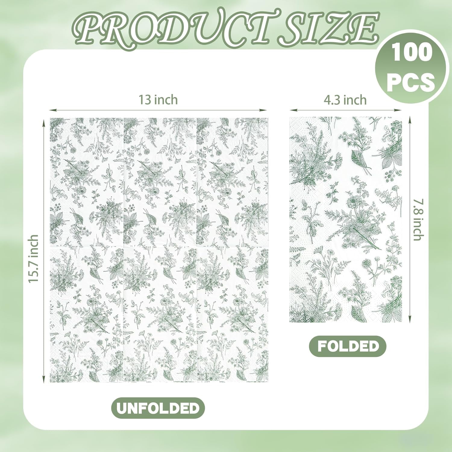 100 Floral Guest Napkins Sage Green White Toile Disposable Paper Napkins Flower Bathroom Hand Towels for Tea Party Christmas Bridal Baby Shower Party Supplies
