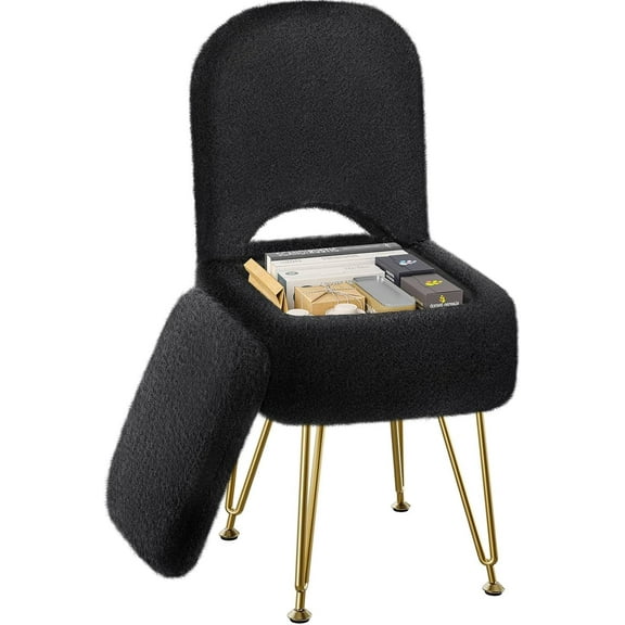 Vanity Stool Chair with Storage and Folding Back, 13.4" x 15" x 30" Square Faux Fur Soft Ottoman, 4 Metal Legs with Anti-Slip Feet, Furry Padded Seat for Makeup, Bedroom
