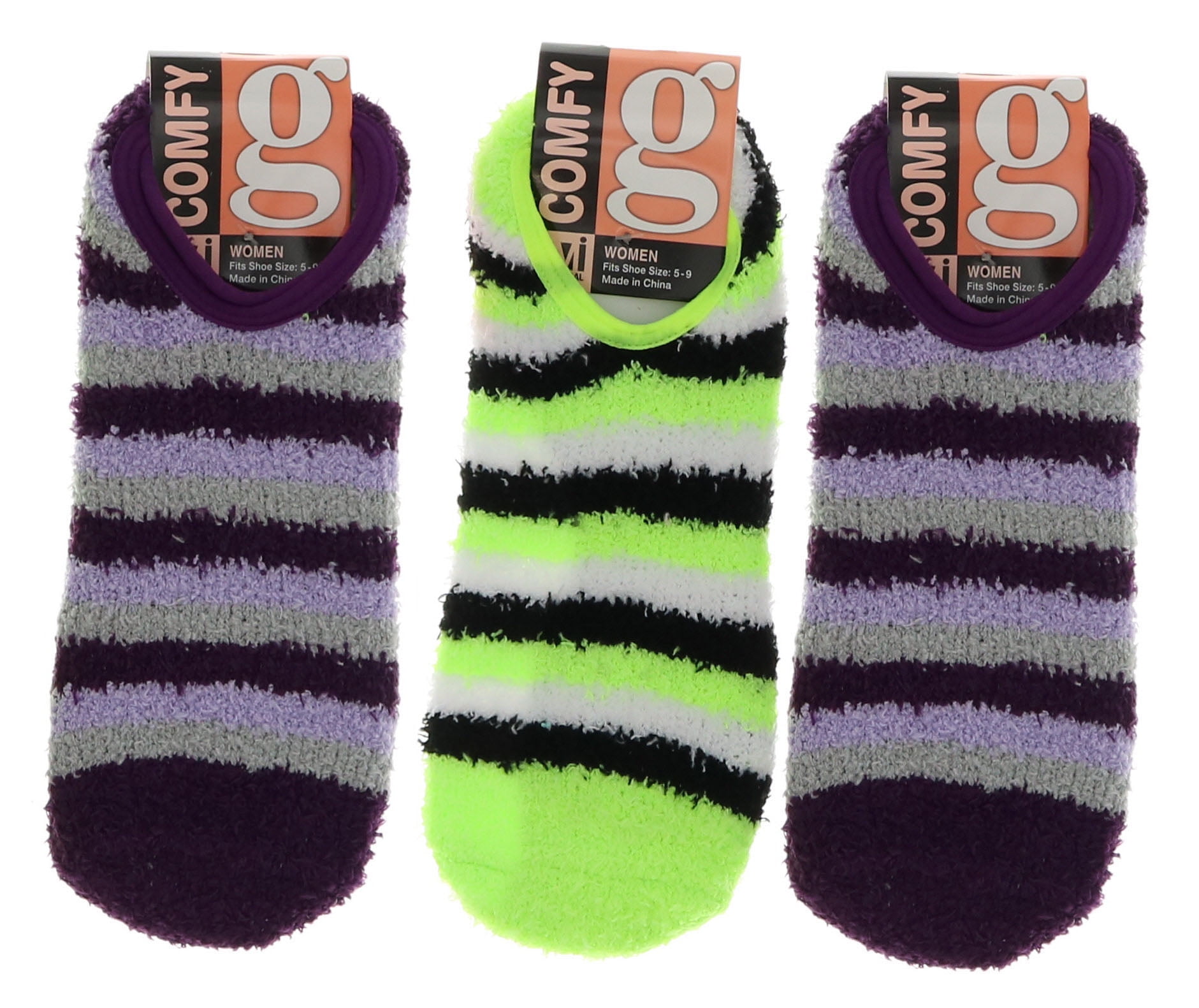 Comfy Women's Fuzzy Ankle Slipper Socks with Grippers (3Pr) (Two Purple,  One Neon Green) 