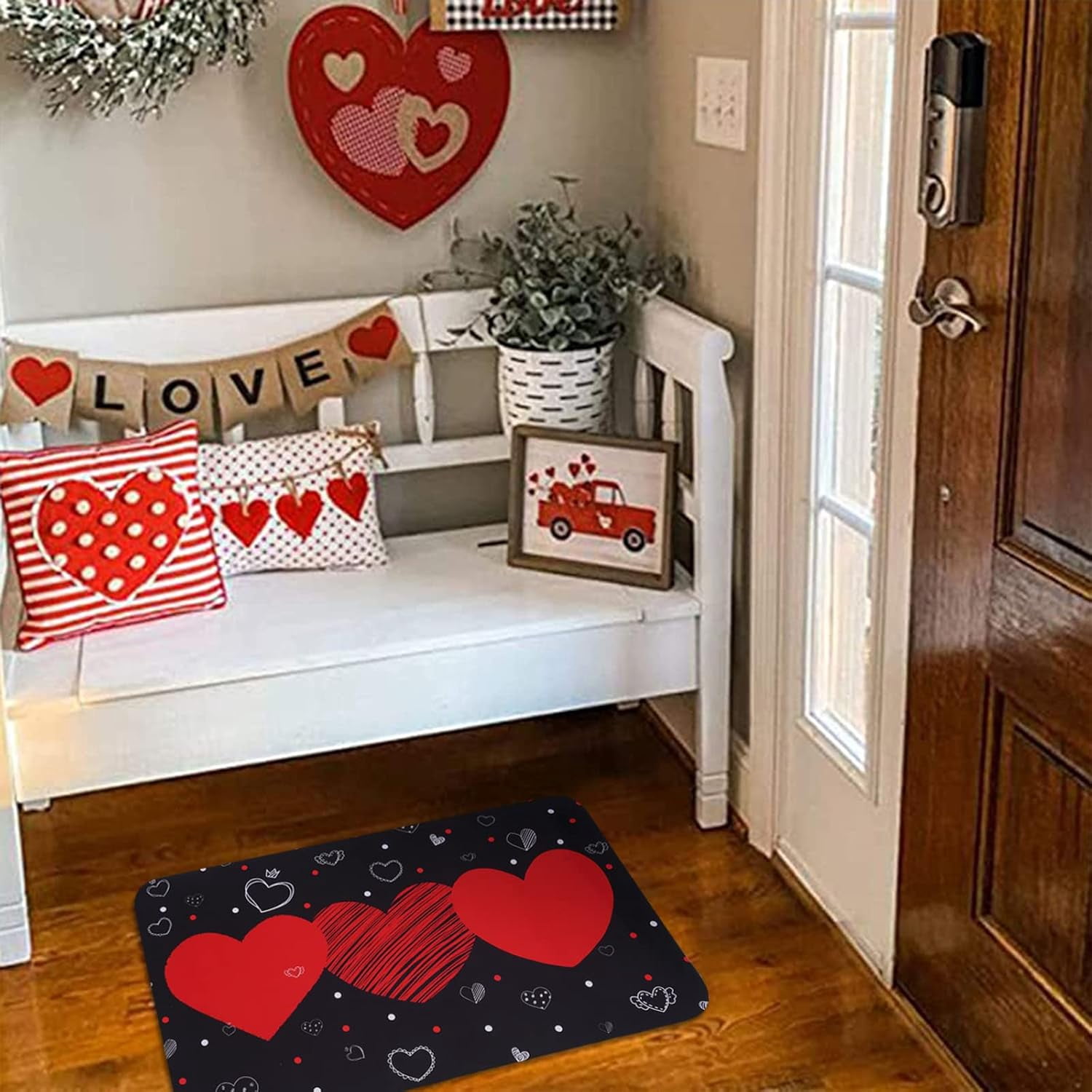 Valentine''s Day Area Rug, Red Heart Doormat, Love Heart with Black Background Floor Mat with Rubber Backing Non-Slip for Bedroom Living Room Valentines Decoration Gift, 18 x 30 Inch