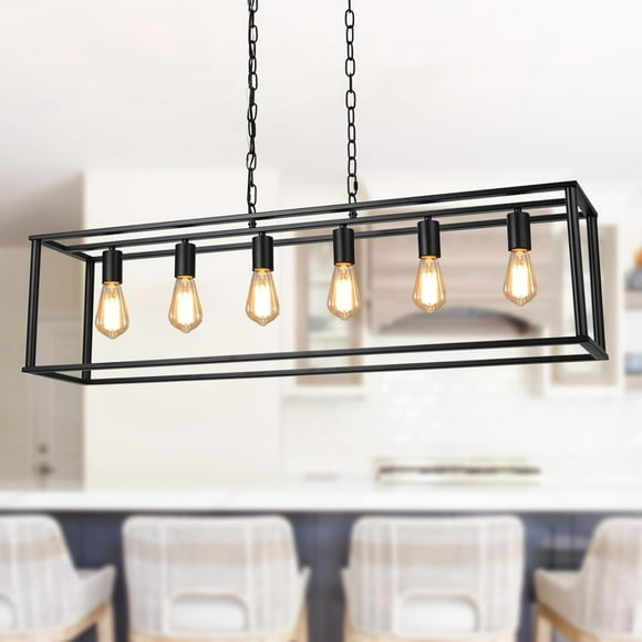 Black Kitchen Island Lighting, 6-Light Farmhouse Chandeliers for Dining Room, Rustic Island Lights for Kitchen, Linear Rectangular Pendant Light Fixtures for Dining Room Kitchen Bar Foyer