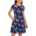 thumbnail image 4 of Girls Dresses Girls Butterfly Print Short Sleeve Crew Neck Casual Dress Knee Length Comfortable Kids Summer Outfit for Toddler Daily Navy 9 Years-10 Years, 4 of 5