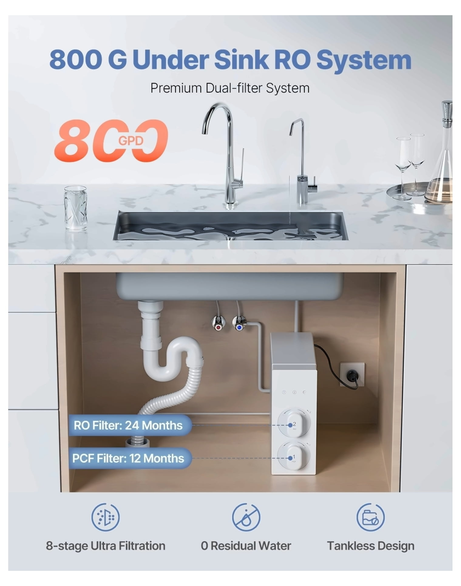 Reverse Osmosis System 800 GPD Tankless, 8-Stage Water Filter Under Sink, Smart Faucet, 2:1 Ratio, for Home & Commercial Use