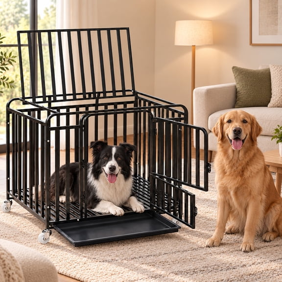 BOFNL Heavy Duty Extra Large Dog Crate, Indestructible Metal Dog Kennel with Wheels, Dual Doors & Top Opening, Slide-Out Tray, for Large Dogs, Black