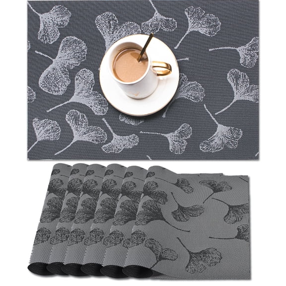 Placemats Set of 6, 12in x 18in,  Black Ginkgo, 6pcs