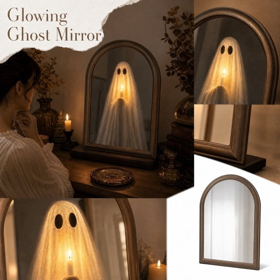 Halloween Light Up LED Ghost Mirror, 13.8" Hologram Spooky Gauze Ghost Holding Candle Mirror, Arched Glowing Wall Decor, Halloween Decor for Indoor Spaces, Bedroom, Fireplace, Halloween Gift