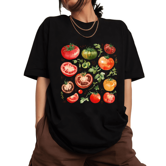Watercolor Heirloom Tomatoes Print Tshirt Black S-5XL Rustic Graphic Tees Shirts Tops