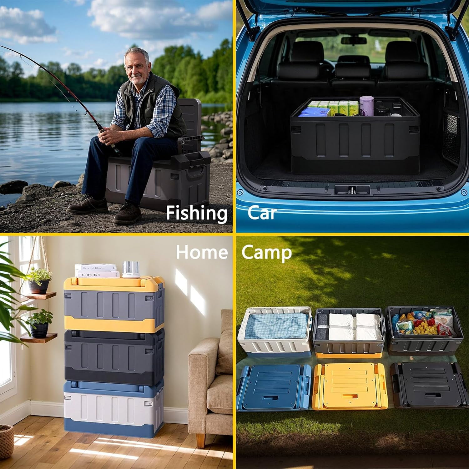 Versatile Foldable Seatable Camping Box Car Organizer Heavy Duty Storage Bins With Lids Box Trunk,Durable Plastic,60L Can Store Clothes, Toys Camping Equipment in Large Capacit (black)