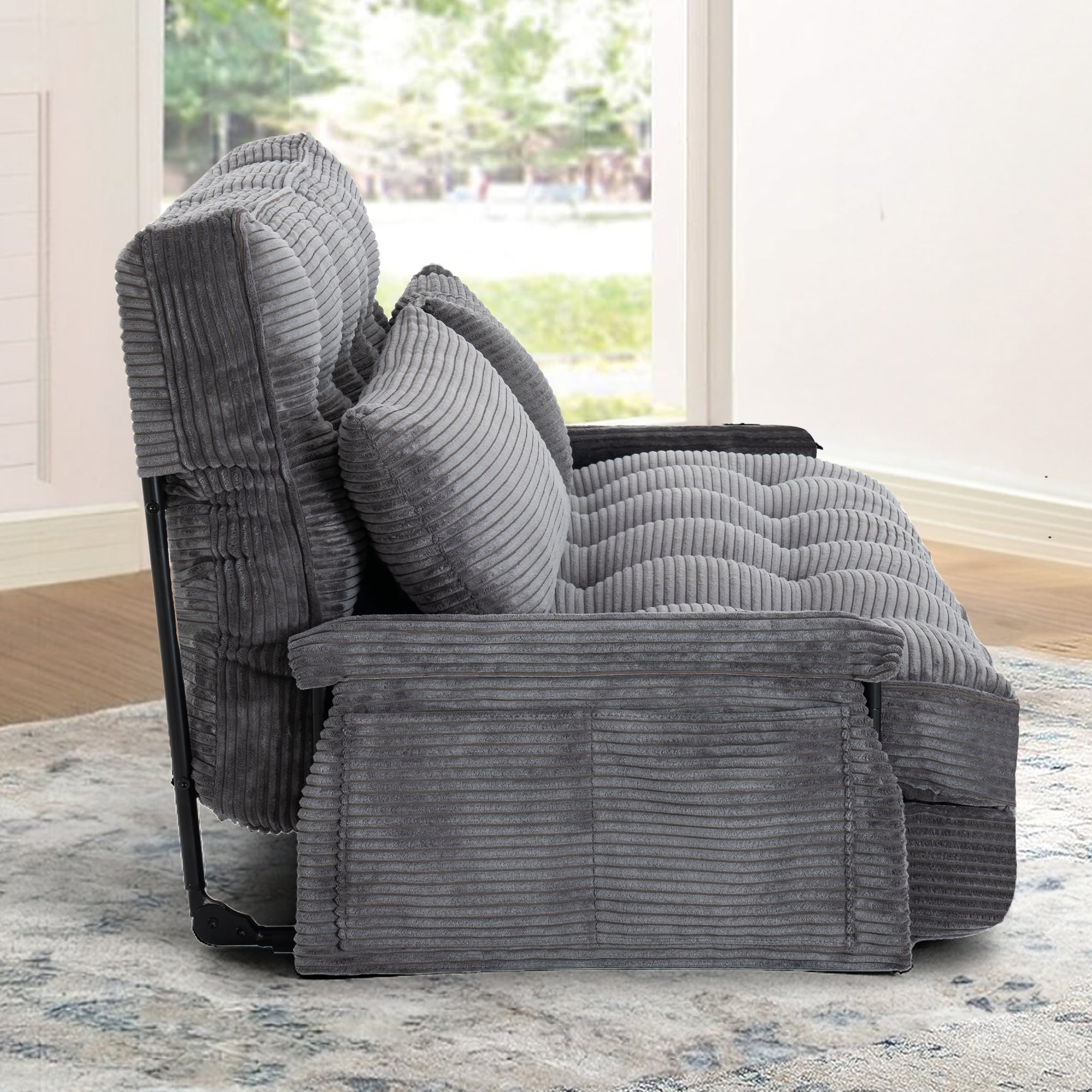 Convertible 5-Position Foldable Lazy Sofa Sleeper Bed with Armrest,Adjustable Floor Sofa Couch with 2 Pillows,Fold Out Floor Couch,Dark Grey