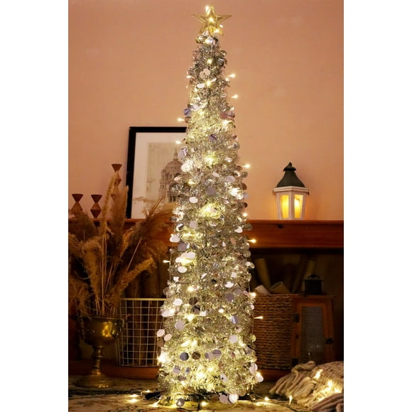 Árbol de Navidad HMASYO Tinsel de 1,5 m con 50 luces LED y lentejuelas