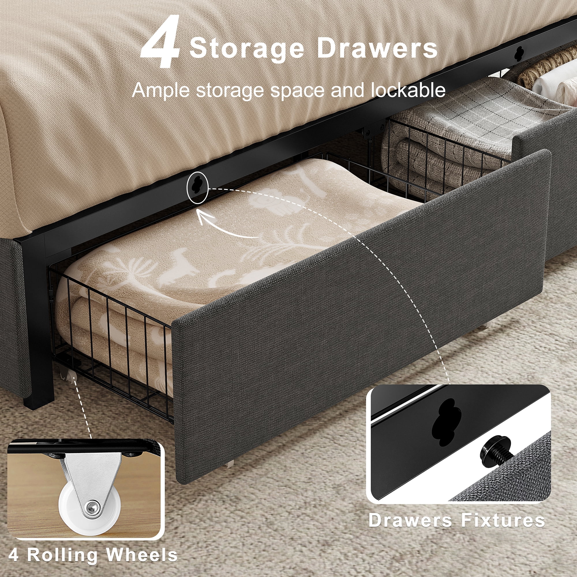 GUNAITO Queen Size Bed Frame with 4 Storage Drawers, Upholstered LED Bed with USB Ports, Modern Bed with Headboard Noise Free Platform Bed with Metal Frame, Dark Gray