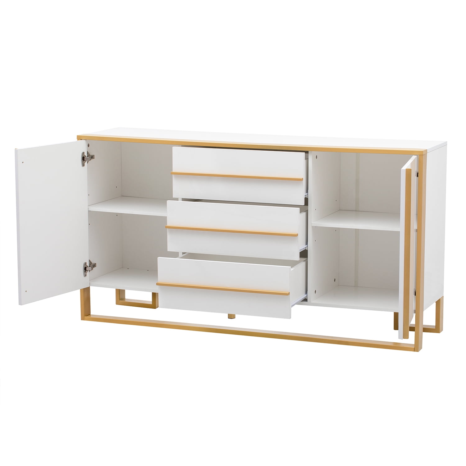 Kadyn 59"L Sideboard, Kitchen Storage Cabinet with Large Storage Space and Gold Metal Legs for Living Room, White
