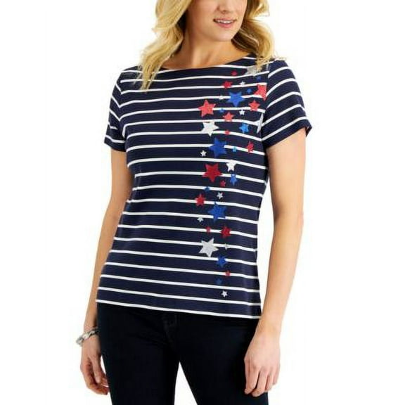 Karen Scott Womens Glitter Star Striped Top Intrepid Blue L
