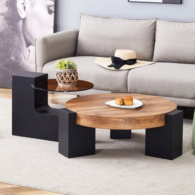 Table Basse Ronde Moderne et Simple à Double Couche - Dessus en Verre Brun Transparent avec Pieds en L en MDF Noir. la Conception Détachable Peut Rendre l'Utilisation de l'Espace Plus flexible.