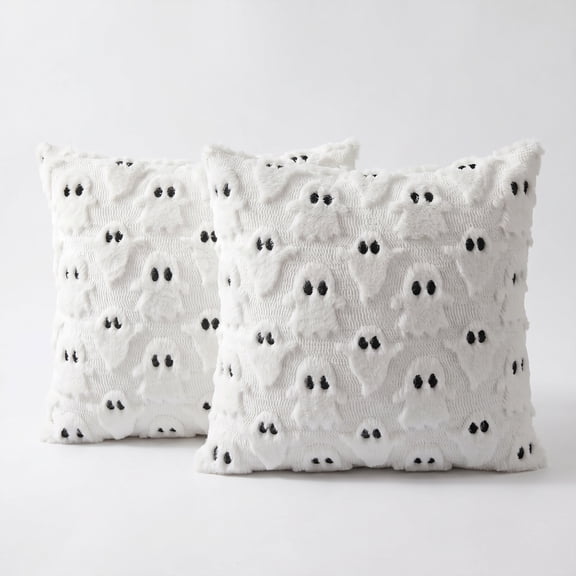 Sm:)e Big Small Ghost Halloween Throw Pillow Covers 20x20 Inch, Soft Plush Faux Fur Embroidered Decorative Cushion Covers for Sofa Home Decor