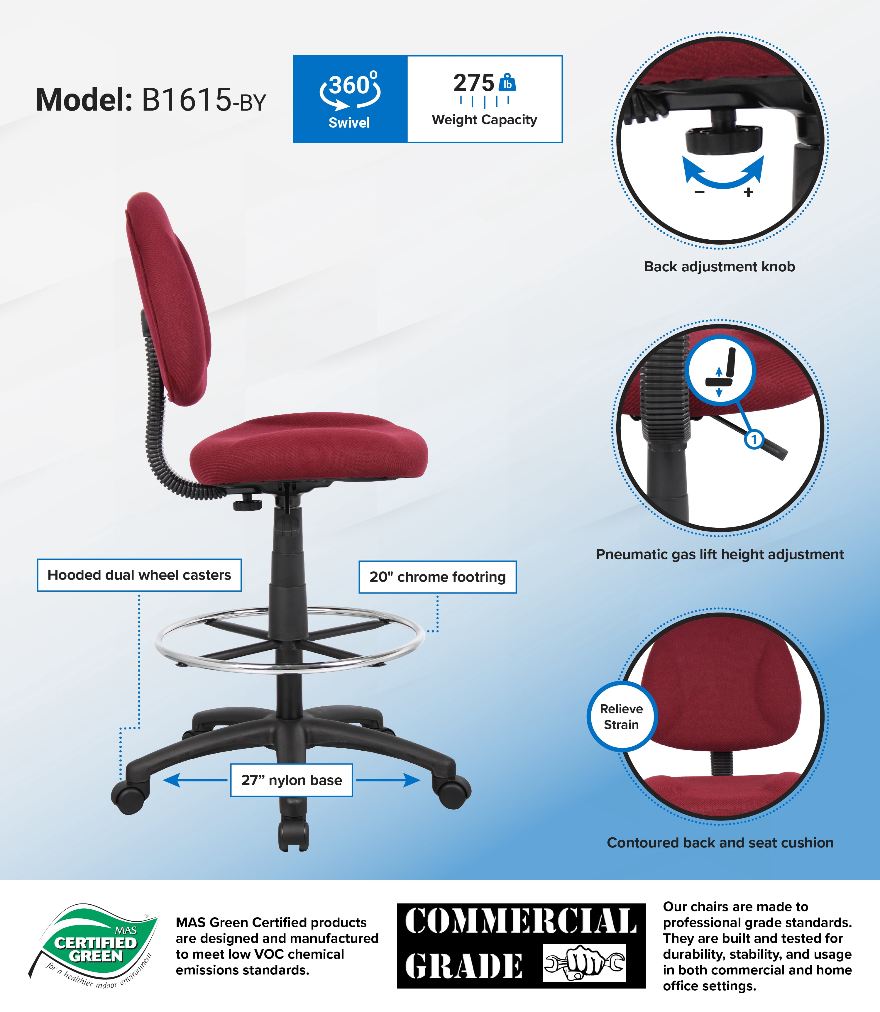 Boss Office Products Sit-Stand Adjustable Desk Chair, Burgundy Red