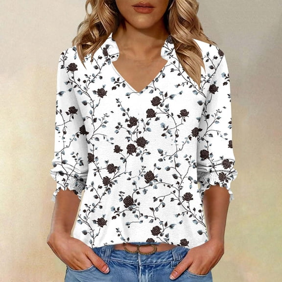 Jsaierl Womens 3/4 Length Sleeve Tops Summer V Neck Shirts Trendy Graphic Petite Blouses Going Out Cotton T-shirts Top S-2XL