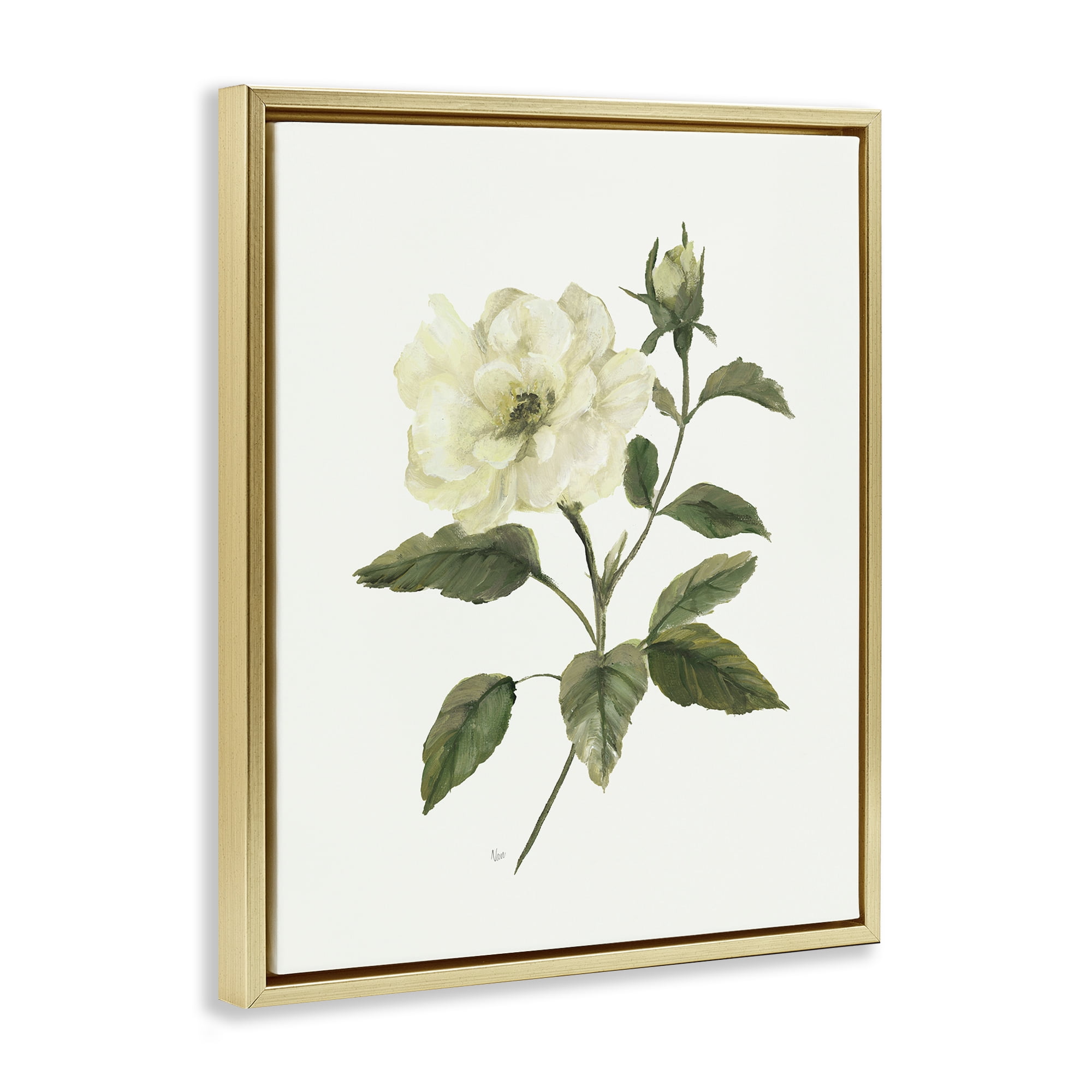 Stupell Industries Ivory Rose Bloom With Green Foliage Gold Framed Floater Canvas Wall Art, design by Nan