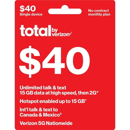 Total by Verizon $40 No-Contract Single-Device Unlimited Talk & Text Monthly Plan (15GB at High Speed) + Int'l Calling e-PIN Top Up (Email Delivery)