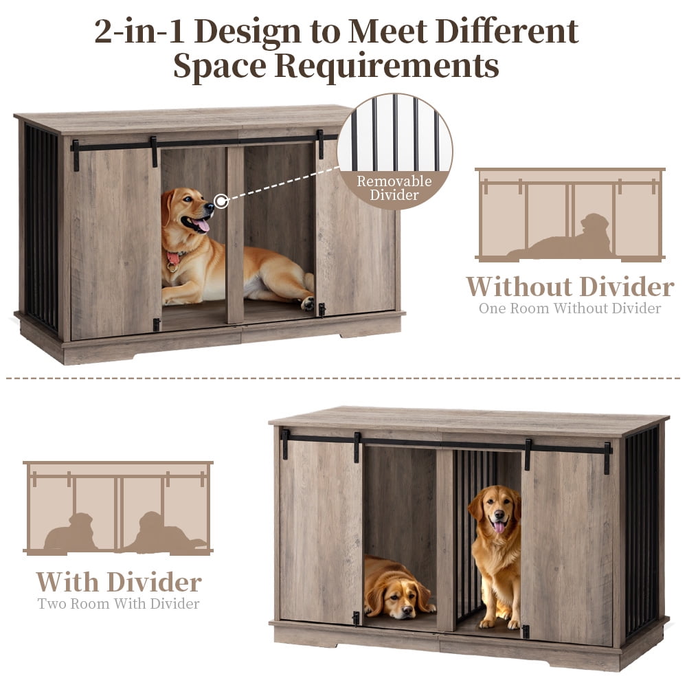 Large Dog Crate Furniture with 2 Divider End Table, DOMIPET Wooden Indoor Dog Kennel TV Stand, Metal Tube & 2 Lockable Barn Door