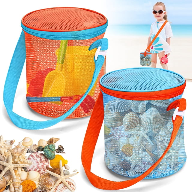 2-Pack Mesh Sea Shell Collection Bags - Beach Essentials for Kids with Sand Sifter Pockets - Shell Holder, Travel Sand Toy & Storage for Beachcombing, Vacations & Sandbox Play