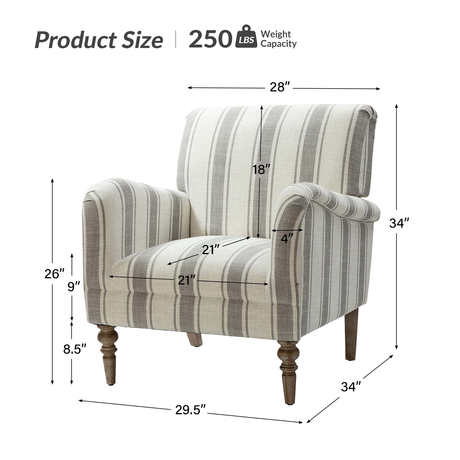 Stripe Accent Chairs Set of 2 Upholstered Wood Legs Armchairs Home Living Room Adult Grey