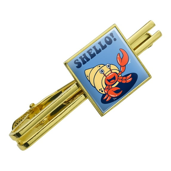 Shello Hello Hermit Crab Shell Funny Humor Square Tie Bar Clip Clasp Tack- Silver or Gold