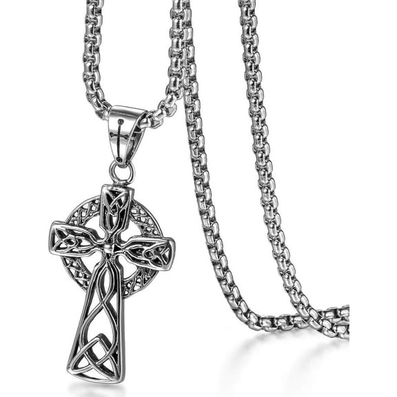 Flongo Celtic Knot Cross Necklace, Women's Men's Vintage Stainless Steel Celtic Cross Irish Knot Pendant Necklace, 22 Inch Link Chain Jewelry