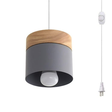 FSLiving Hanging Swag Lamp No Wiring Needed Portable Rubber Wood Pendant Light with 15ft Plug-in UL Dimmable White Cord Macaron Grey Lamp Iron Stoving Varnish Finished Lampshade,Customizable - 1 Light