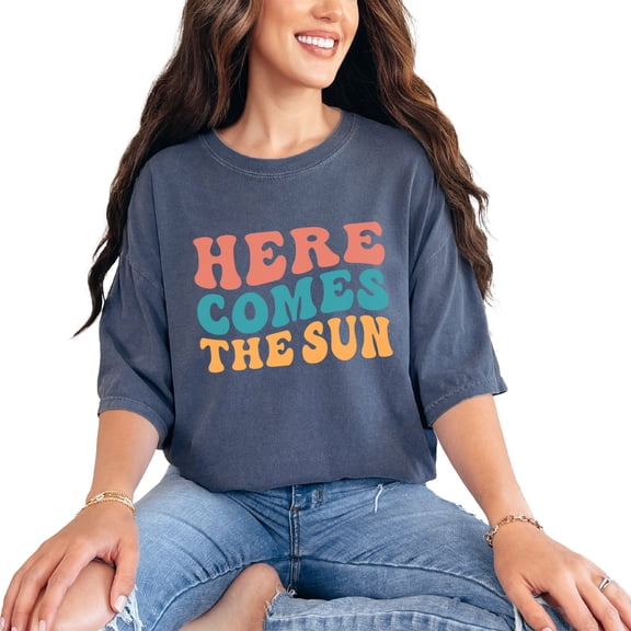 Here Comes the Sun, Summer Themed, Groovy Retro Wavy Text, Denim Comfort Colors T-Shirt, Small
