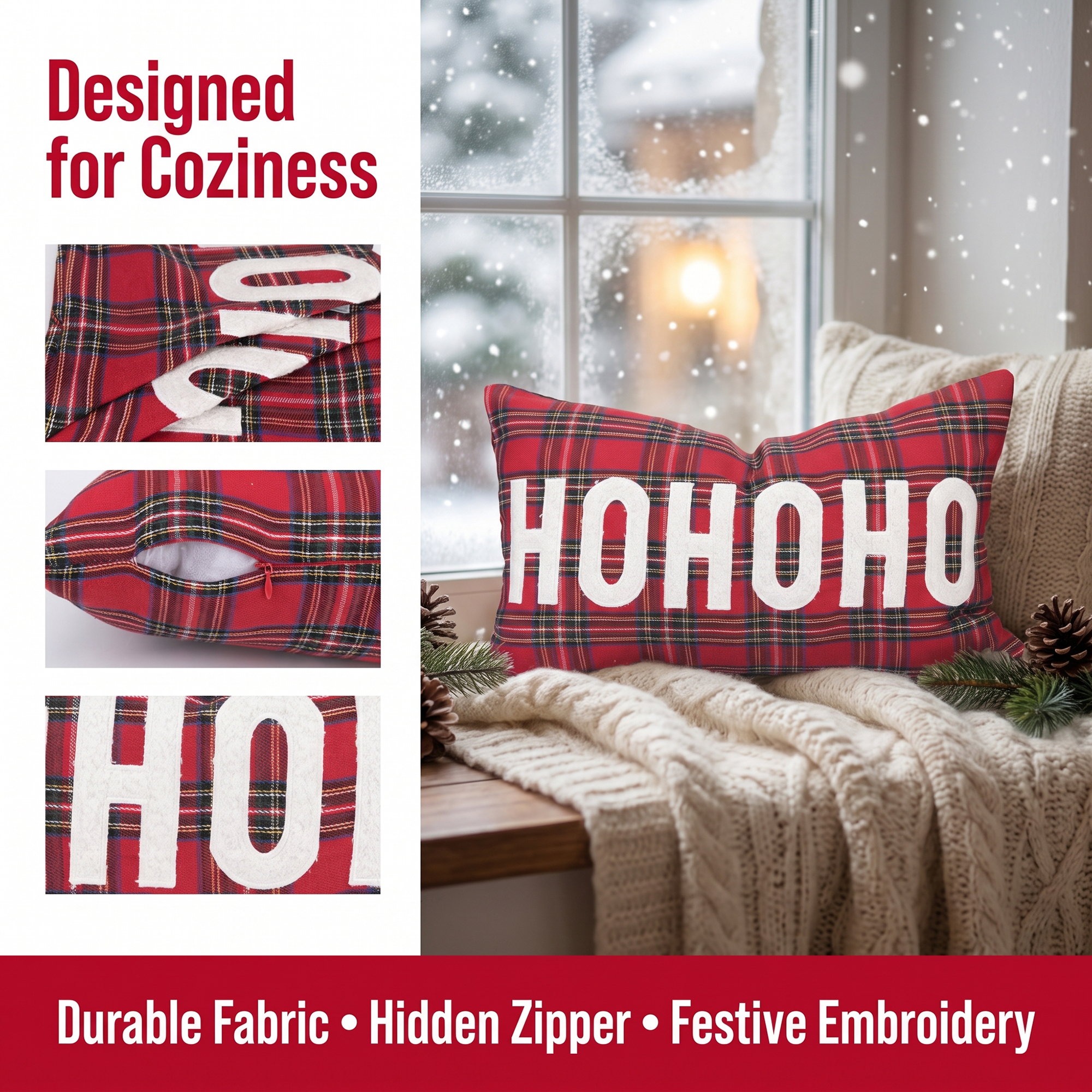 Unique Bargains Plaid Throw Pillow Covers Tartan Cushion Cases Red Plaid HoHoHo 20"x12"