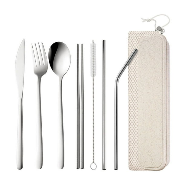Juego de cubiertos portátil de 7 piezas de acero inoxidable con estuche de almacenamiento. Juego de utensilios de viaje para acampar al aire libre. Incluye cuchillo, tenedor, cuchara, palillos, pajit