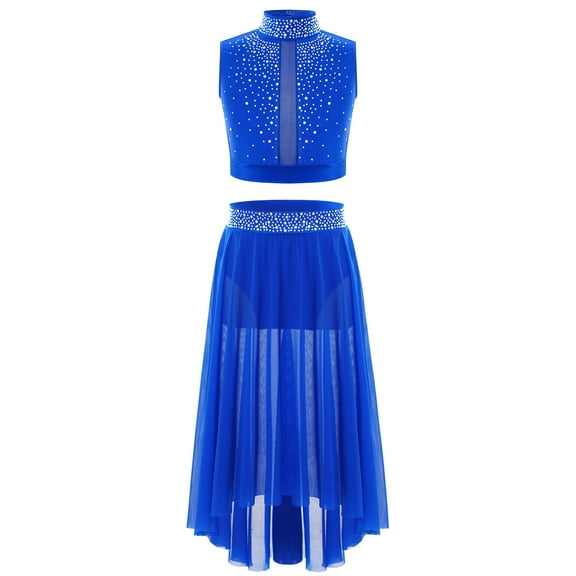 Haitryli Girls Jazz Latin Ballet Costume 2 Piece Modern Dancing Clothes Dance Outfits Set Irregular Skirts Set Blue 8