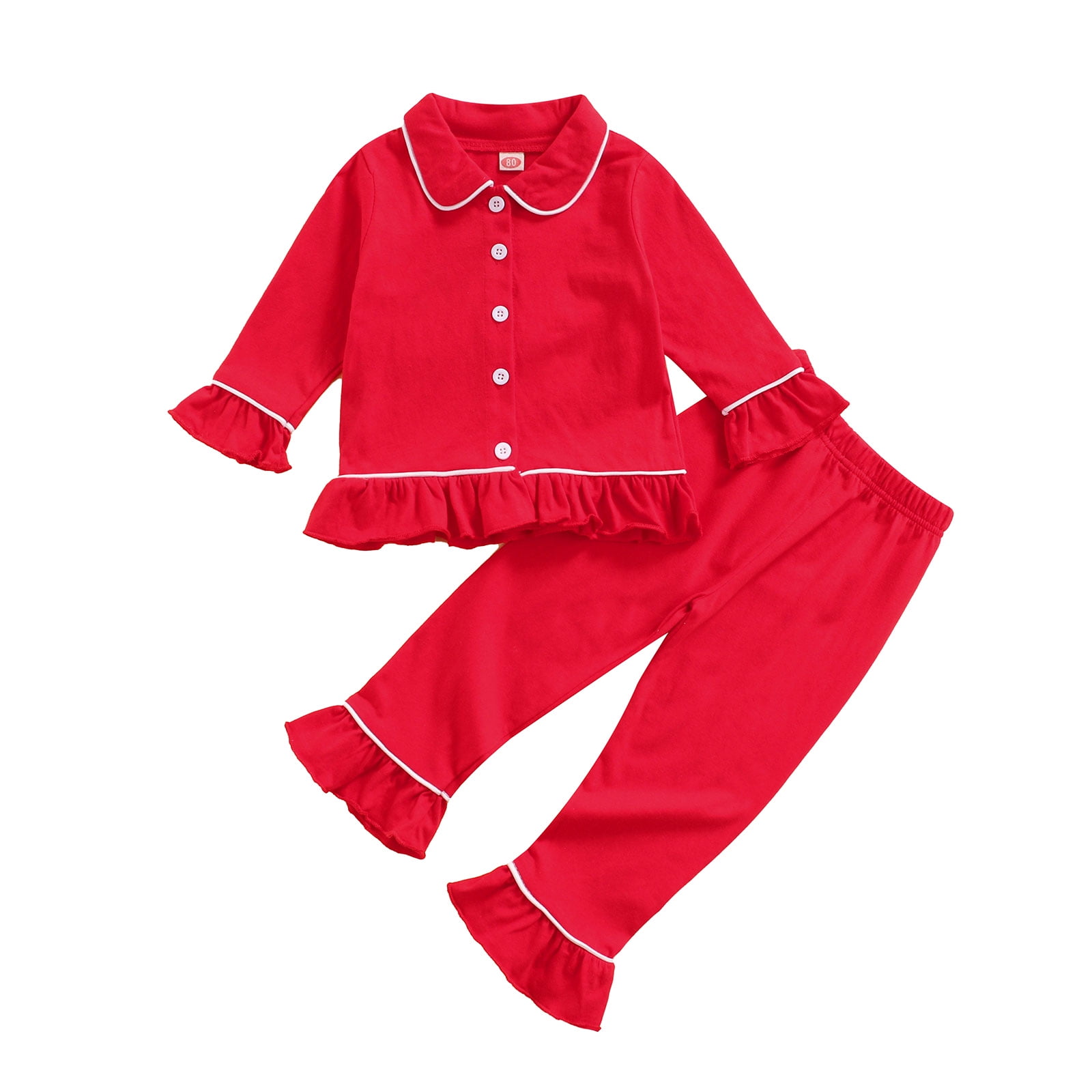 VISgogo Baby Girl Pajamas Long Sleeve Lapel Ruffle Buttons Tops + Pants