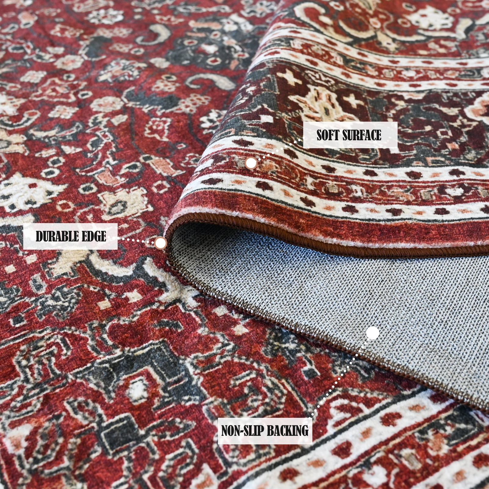Pentantan 5'x7' Area Rug for Living Room, Red Retro Style Washable Rug with Anti-Slip Backing