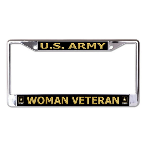 U.S. Army Woman Veteran Black Background Chrome License Plate Frame