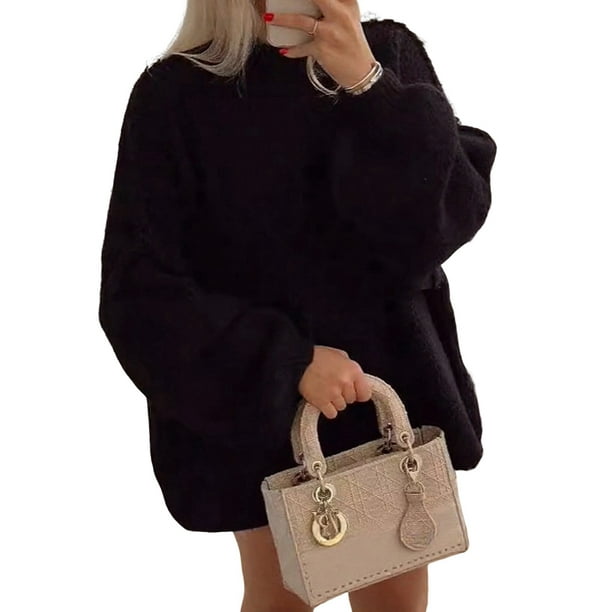 Suéteres de Cuello Alto de Gran Tamaño para Mujer, Jerseys de Punto Grueso de Larga, Ropa de Moda de Invierno, Otoño Negro L