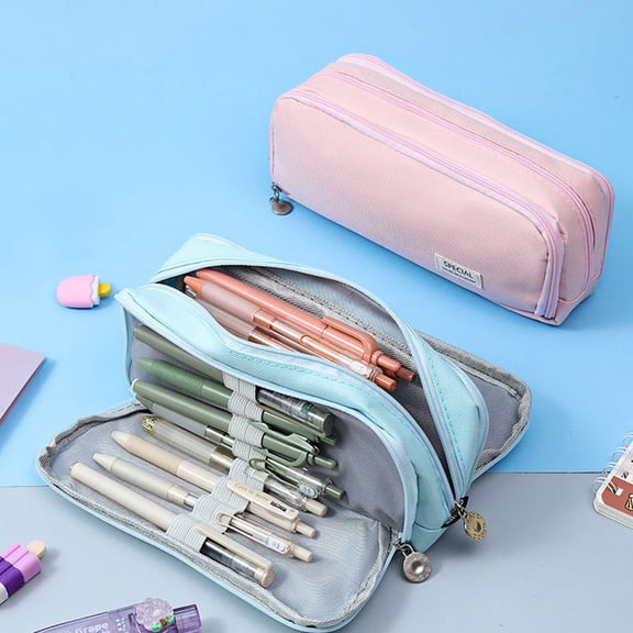 Gallickan Cute Pencil Case, Multi-layer Pencil Pouch Aesthetic Pen Bag Office Stationery Organizer Simple Sturdy Multifunctional Pouch, Light Blue