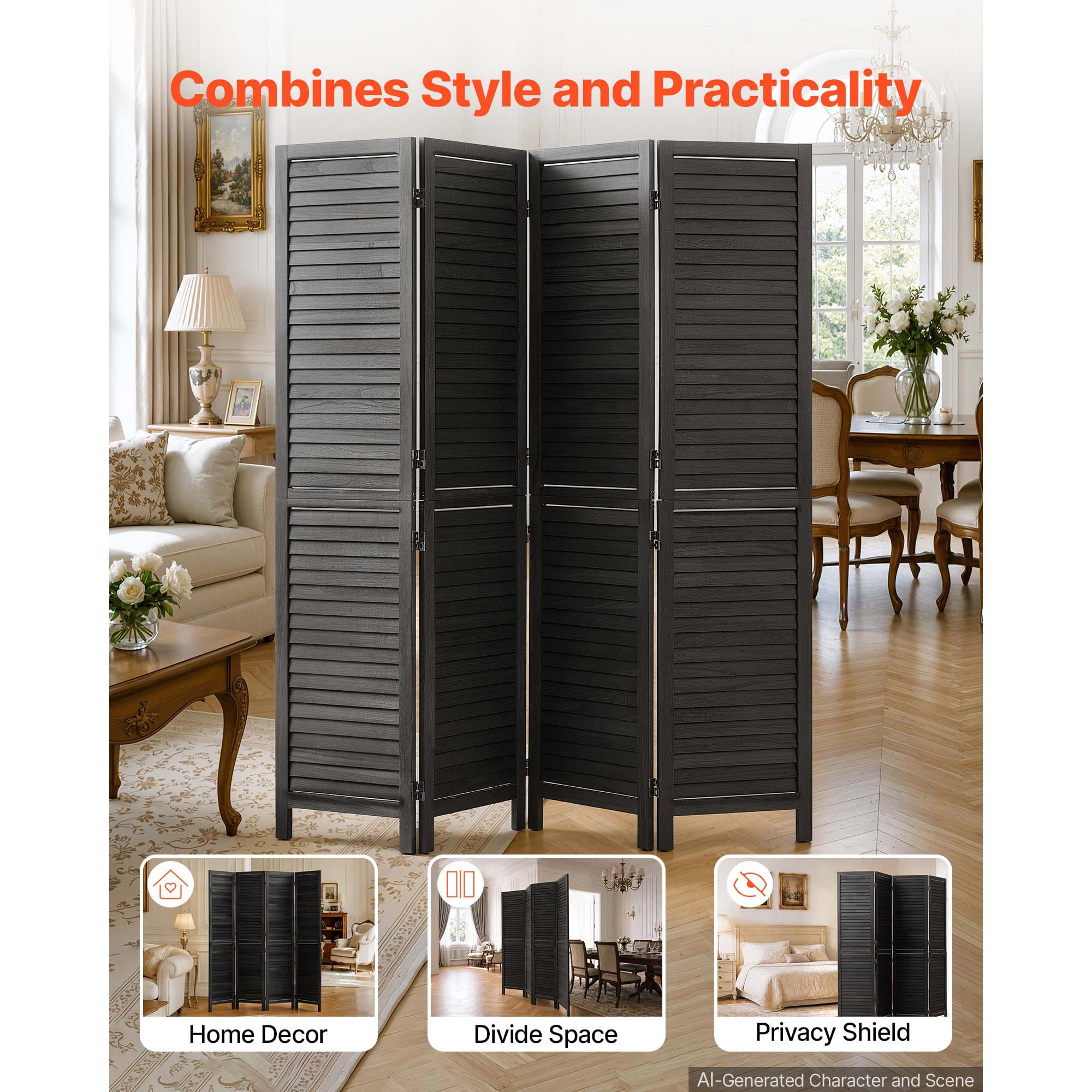 KFFKFF Wood Room Divider with 4 Panels, 67-Inch Folding Privacy Screen in Black, Ideal for Room Separation and Home Decoration, Durable Frame, 360° Two-Way Hinges, Simple Assembly